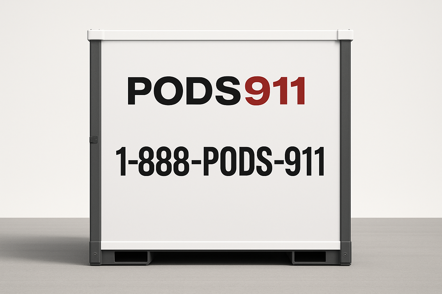 Friendly white moving pod with PODS911 branding and the phone number 1-888-PODS-911 printed large on the side