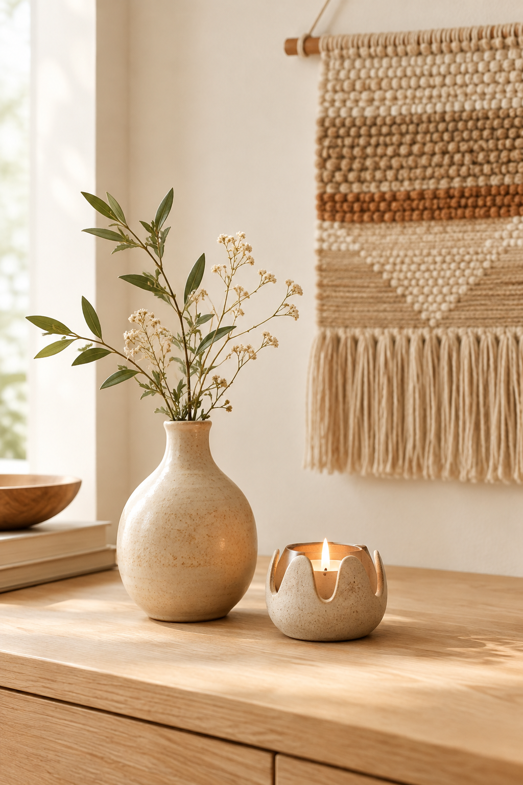 Styled handmade decor scene with warm ceramic pieces, woven wall texture, and soft natural light in a calm interior
