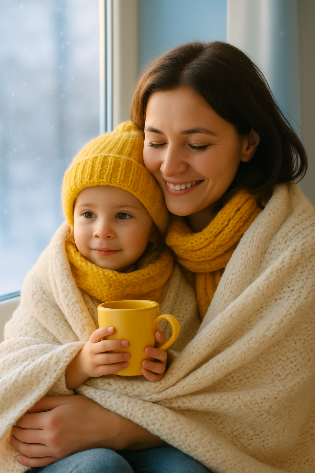 Ukrainian family wrapped in warm blankets sharing a hopeful moment together in winter