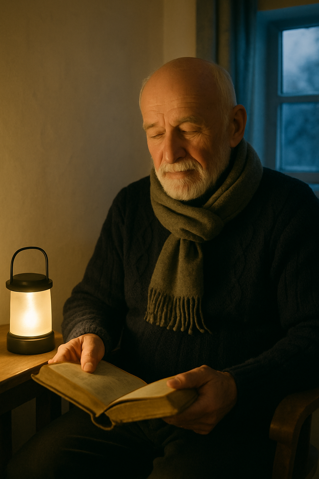 Elderly Ukrainian grandfather with white beard wearing a thick navy knit sweater and woolen scarf, sitting in a softly lit village home reading a book by candlelight