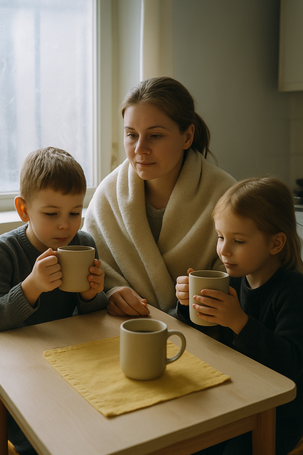 Ukrainian mother in her late 30s wrapped in a warm wool blanket, sharing tea with her two young children at a small wooden kitchen table near a frosted window
