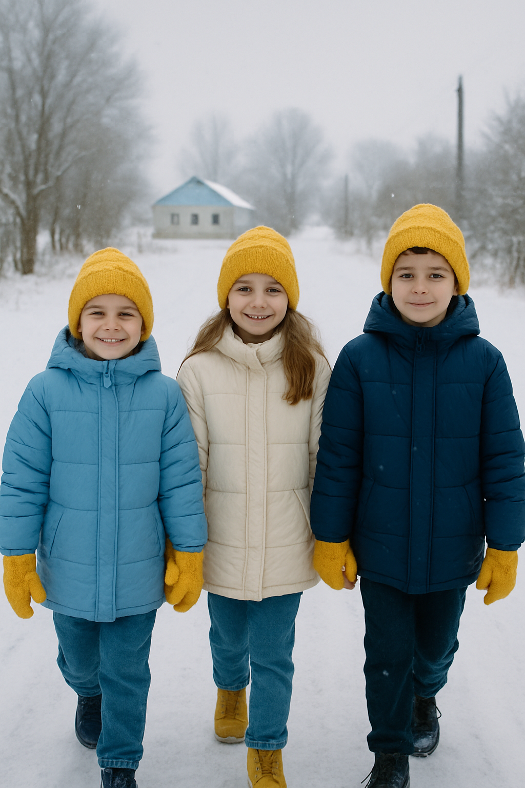 Group of three Ukrainian schoolchildren bundled in colorful winter jackets and yellow knitted hats, smiling and walking together along a snowy village road toward a small schoolhouse