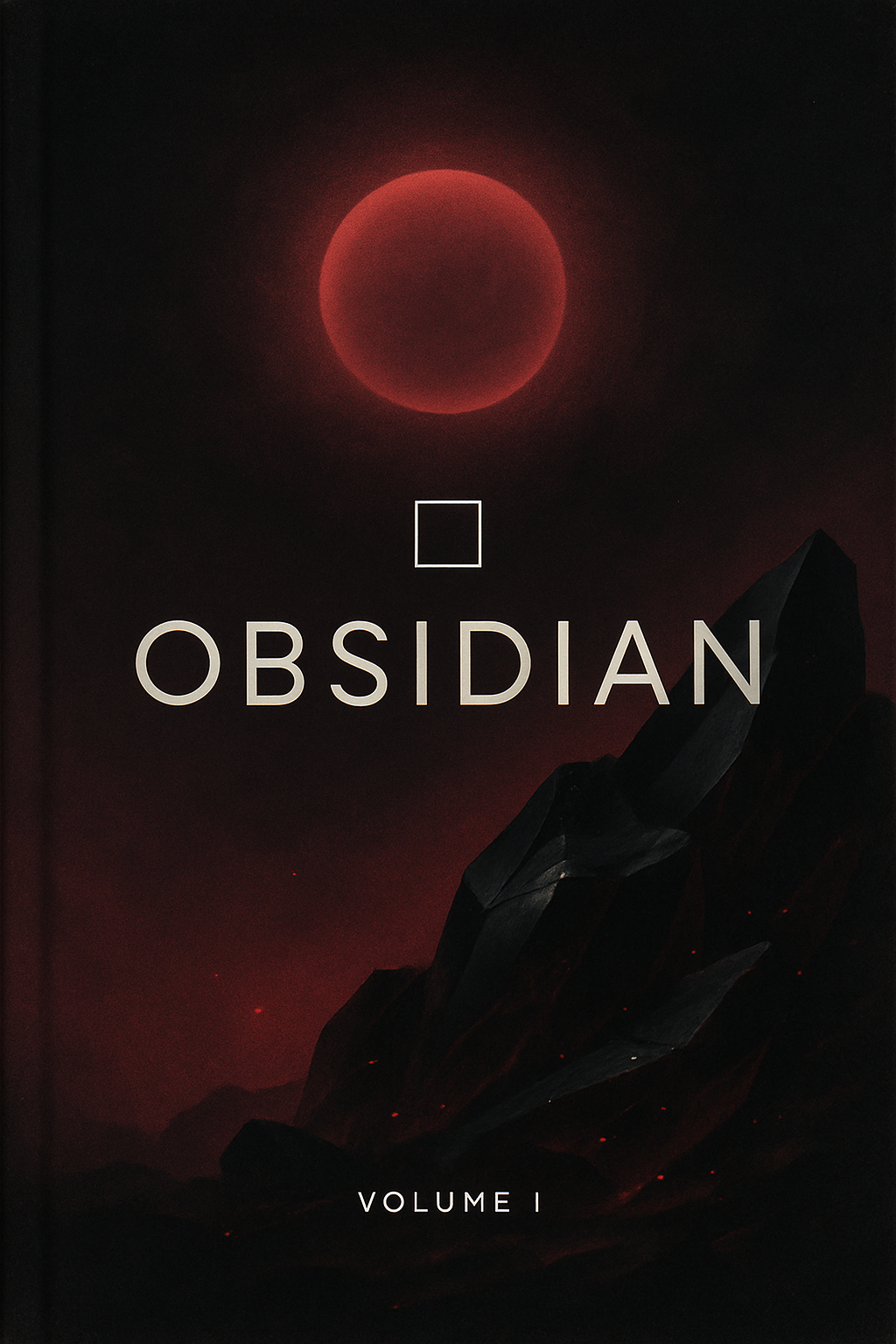 Couverture premium OBSIDIAN&nbsp;: rouge pastel, profondeur noire, éléments graphiques mystérieux, halo doux, logo minimaliste central, typographie moderne, reflets obsidienne, note 'Volume I' discrète, ambiance intense, mystique et élégante, alignée à l'identité PERSUASIAN.