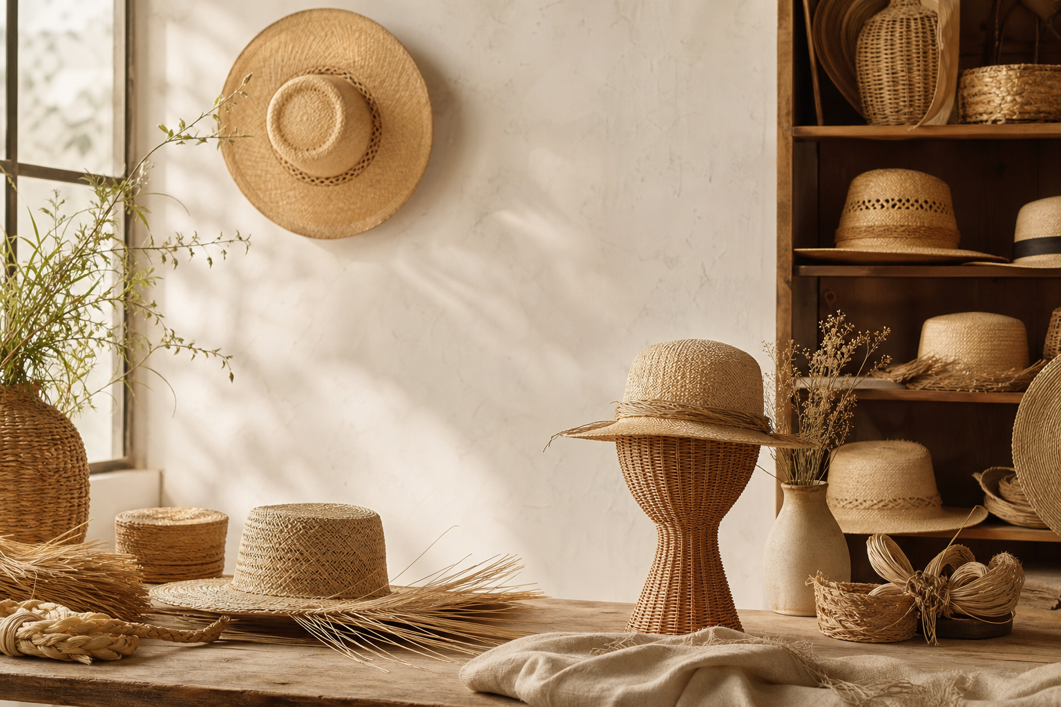 Warm artisan studio illustration with woven straw textures, natural fibers, and a soft boutique atmosphere