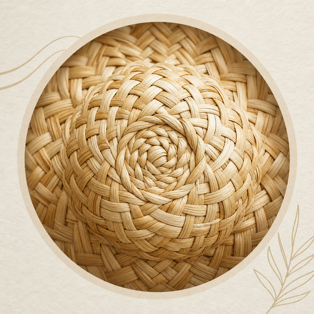 Close-up artisan detail of tightly handwoven natural straw fibers in a circular badge composition