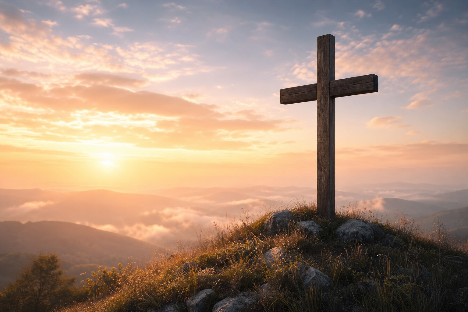 Soft sunrise light over a quiet hillside cross with gentle clouds, conveying hope and peace