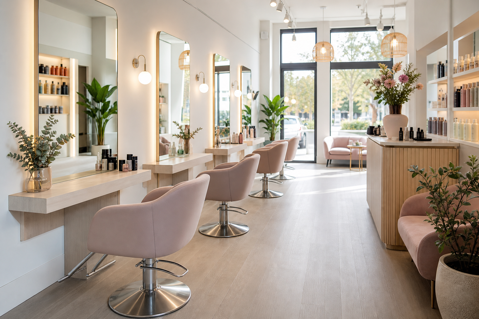 Interni moderni del salone con postazioni styling luminose e specchi eleganti