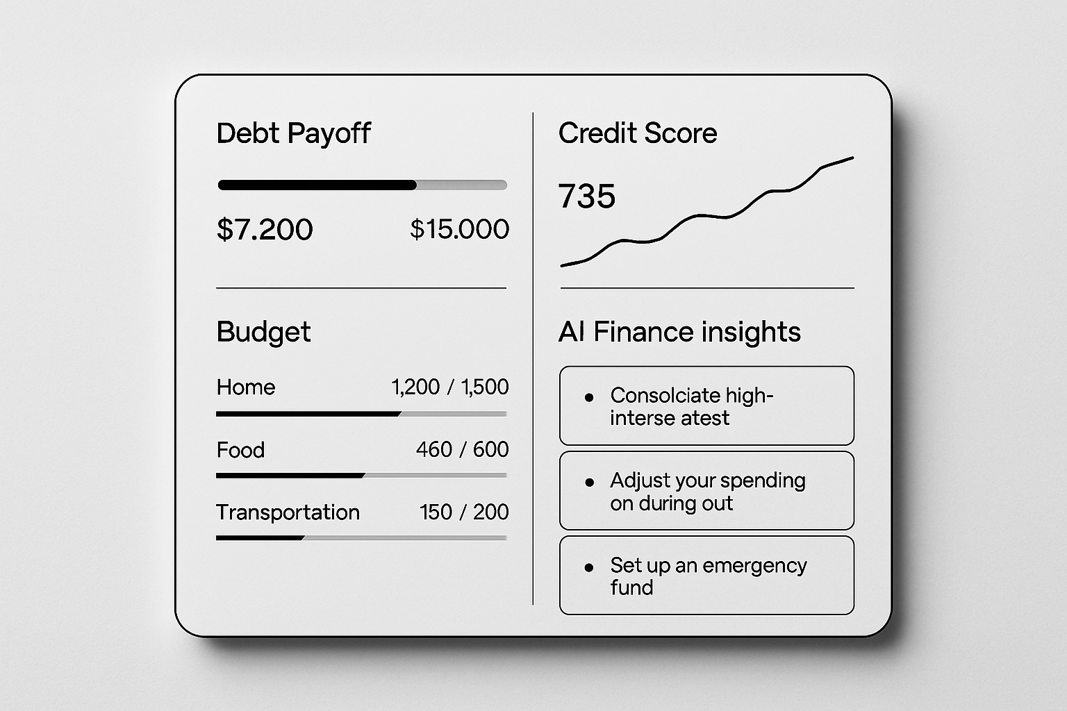 Minimal black and white fintech dashboard mockup showing debt payoff progress, credit score trajectory, budgeting categories, and AI insights cards
