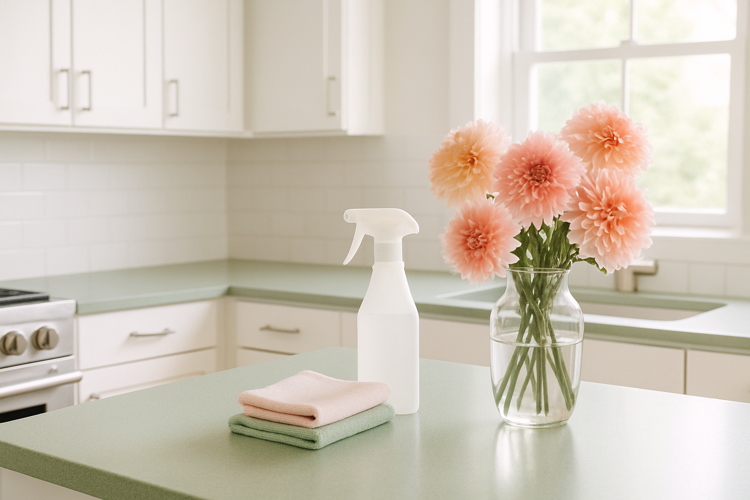 Bright kitchen scene with a soft green countertop, a vase of blush and coral dahlia flowers, and neatly arranged cleaning tools
