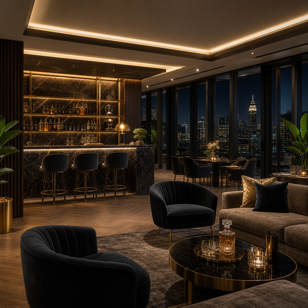 Elegant city penthouse lounge with marble accents and soft ambient lighting