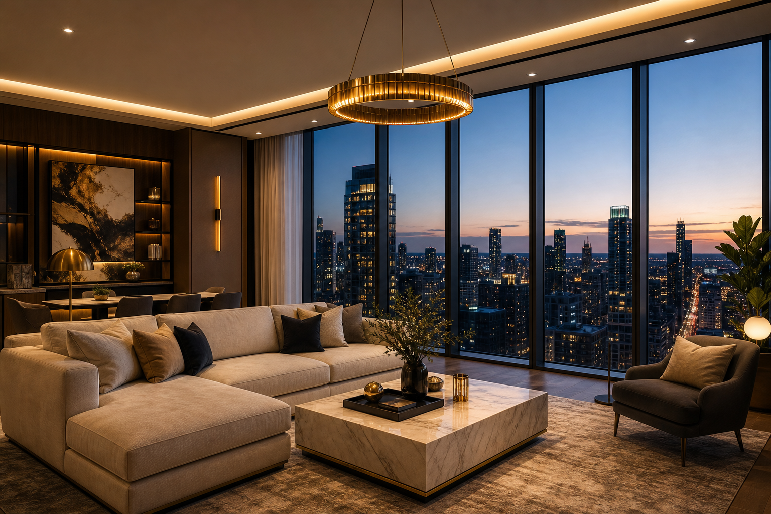Modern luxury condo living room with floor-to-ceiling windows and warm gold-accent lighting