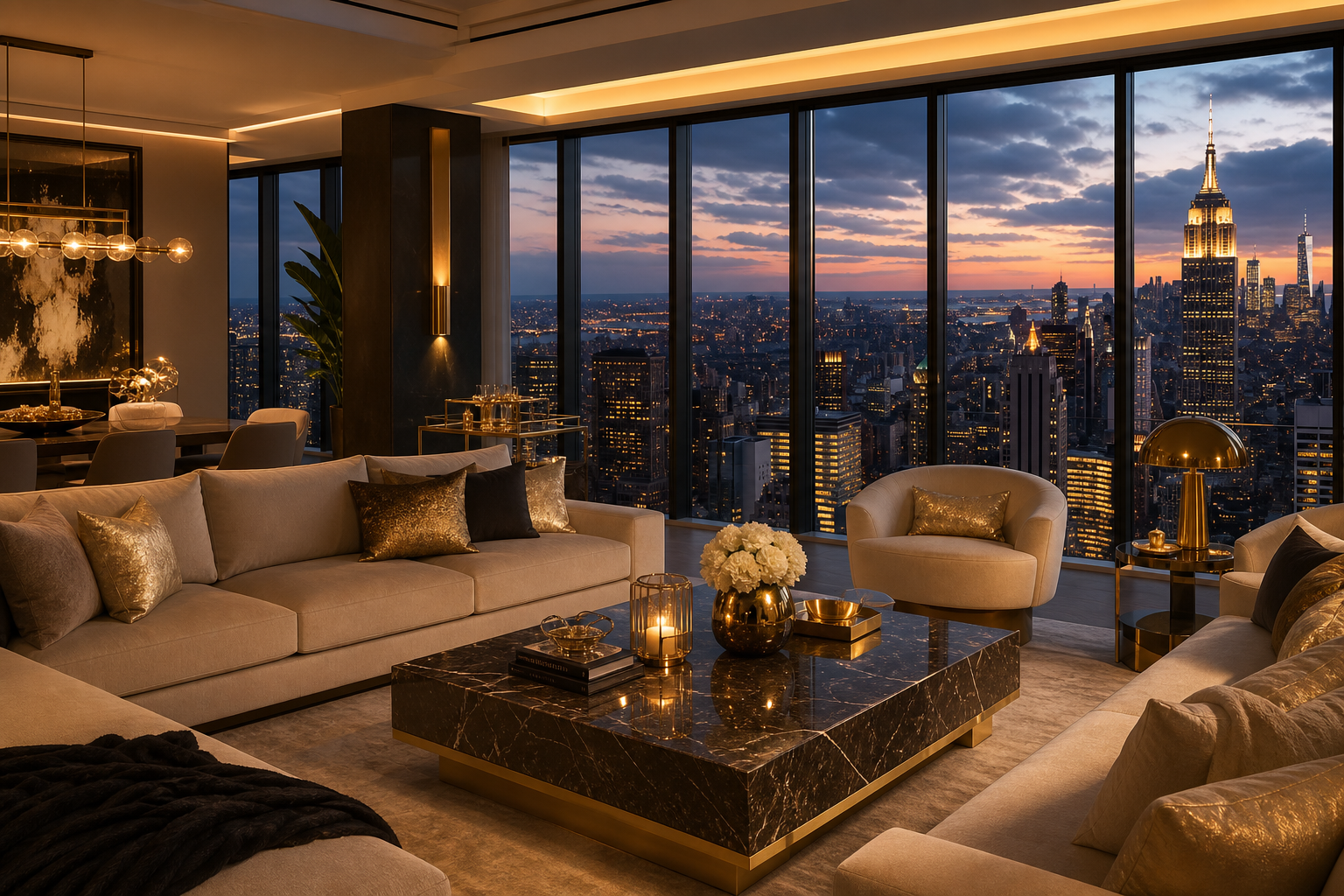 Elegant high-rise penthouse living room with gold-accented decor, floor-to-ceiling windows, and city skyline views at dusk