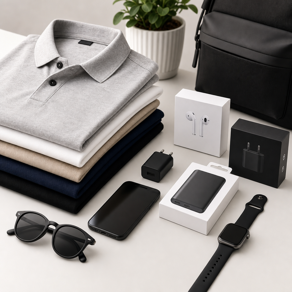 Modern retail supply assortment including folded apparel, stylish accessories, a sleek smartphone, and boxed electronics arranged on a clean desk