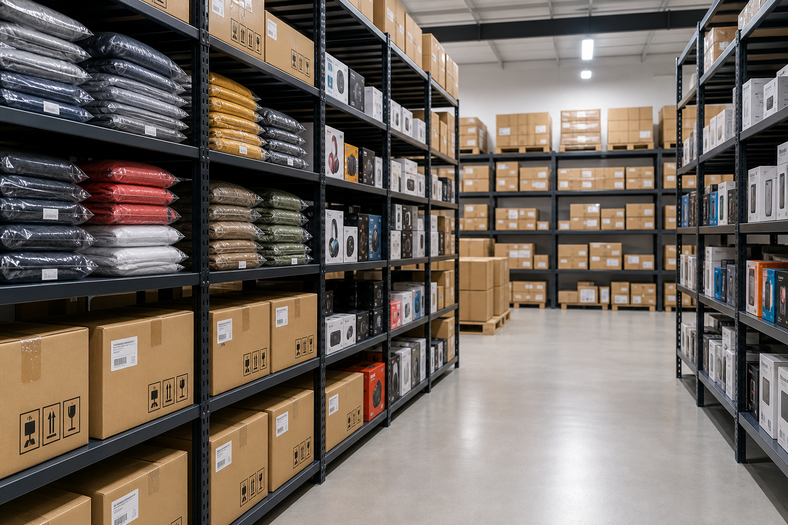Organized warehouse shelves filled with apparel boxes, electronics cartons, and accessory packs