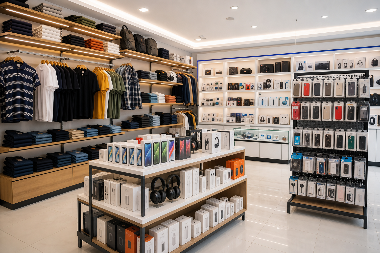 Modern trade showroom with neatly arranged fashion items, electronics, and phone accessories on clean shelves