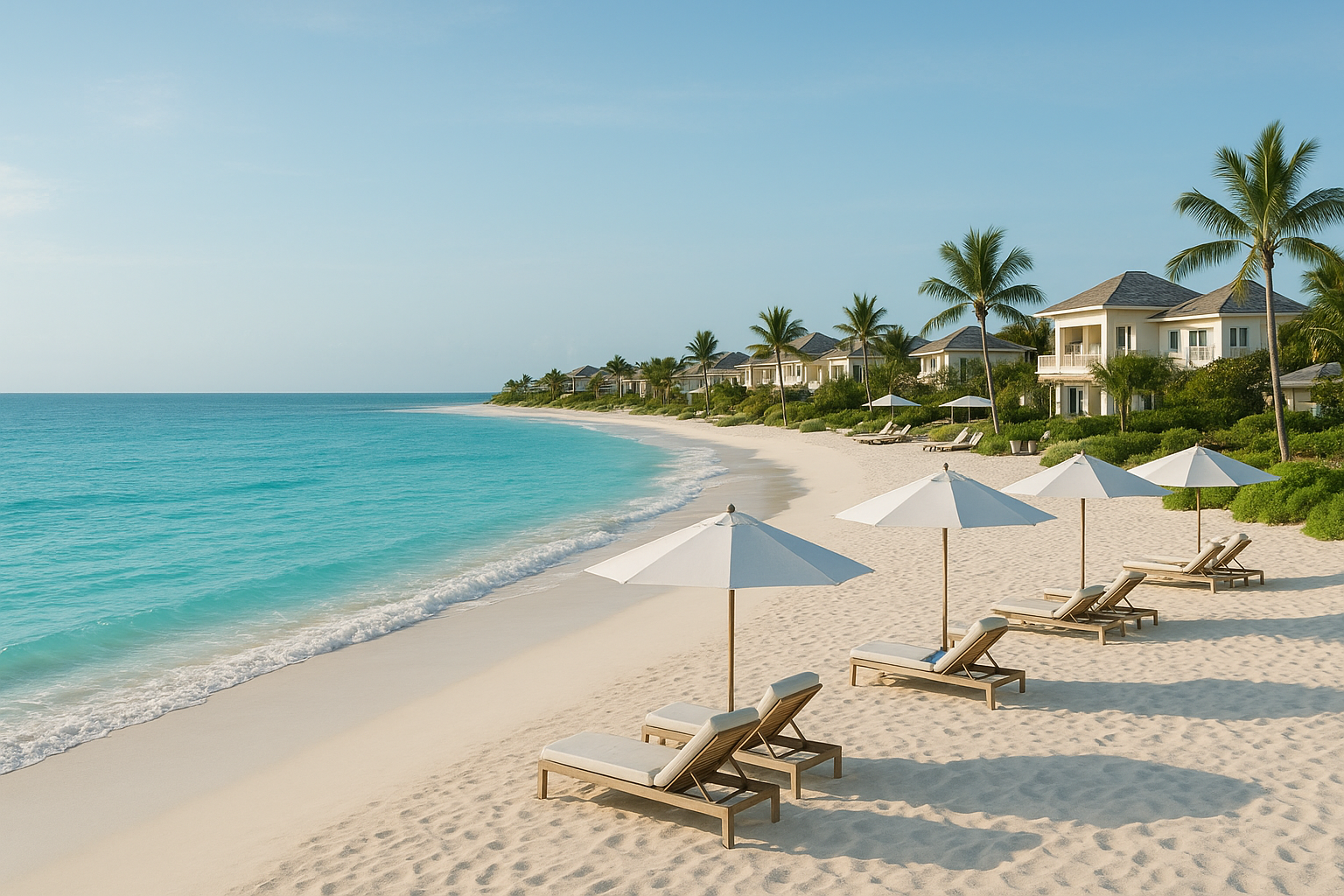 Wide beachfront view with turquoise water, white sand, and elegant resort loungers under soft morning light.