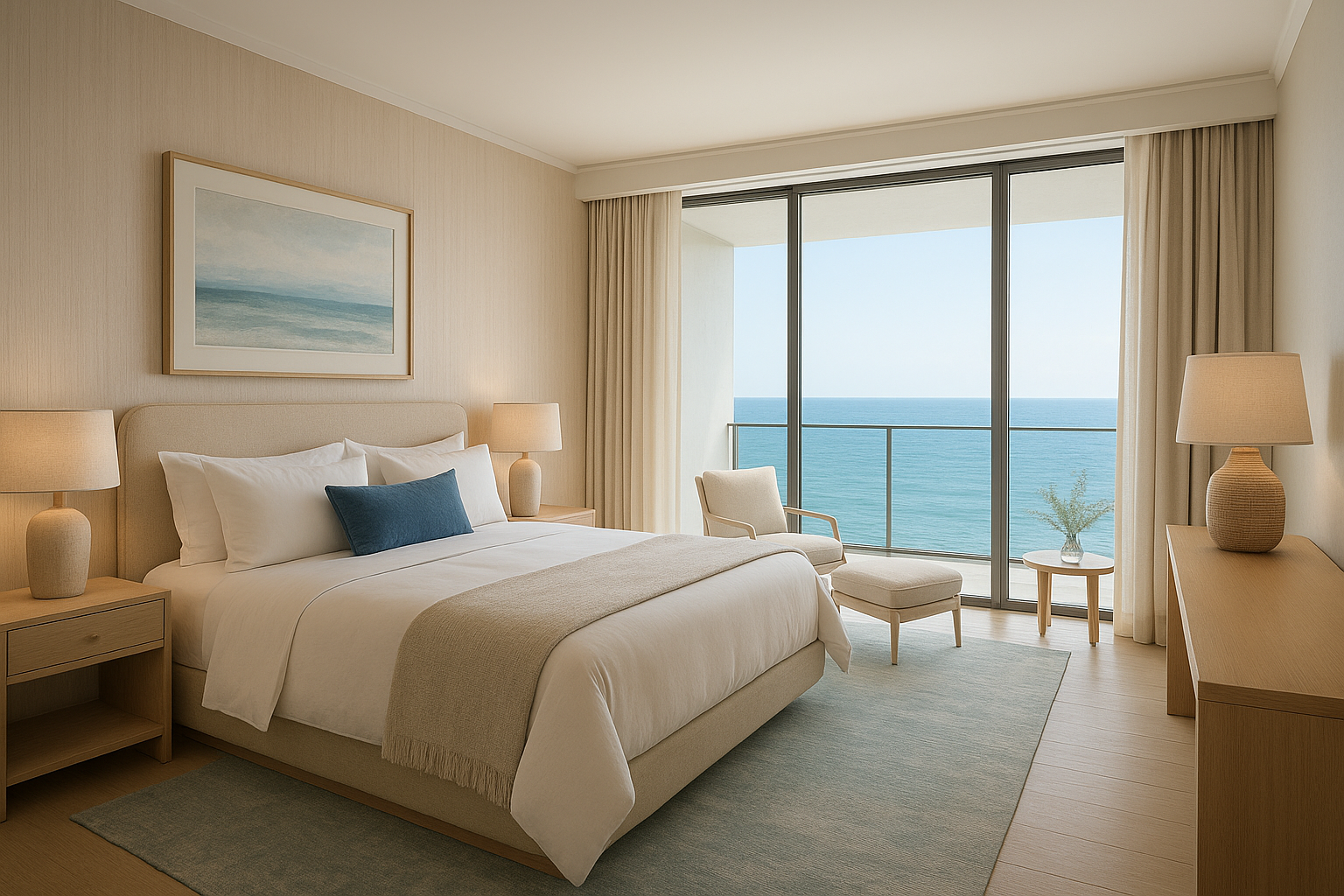 Elegant ocean-view suite interior with natural textures, floor-to-ceiling windows, and refined coastal decor.