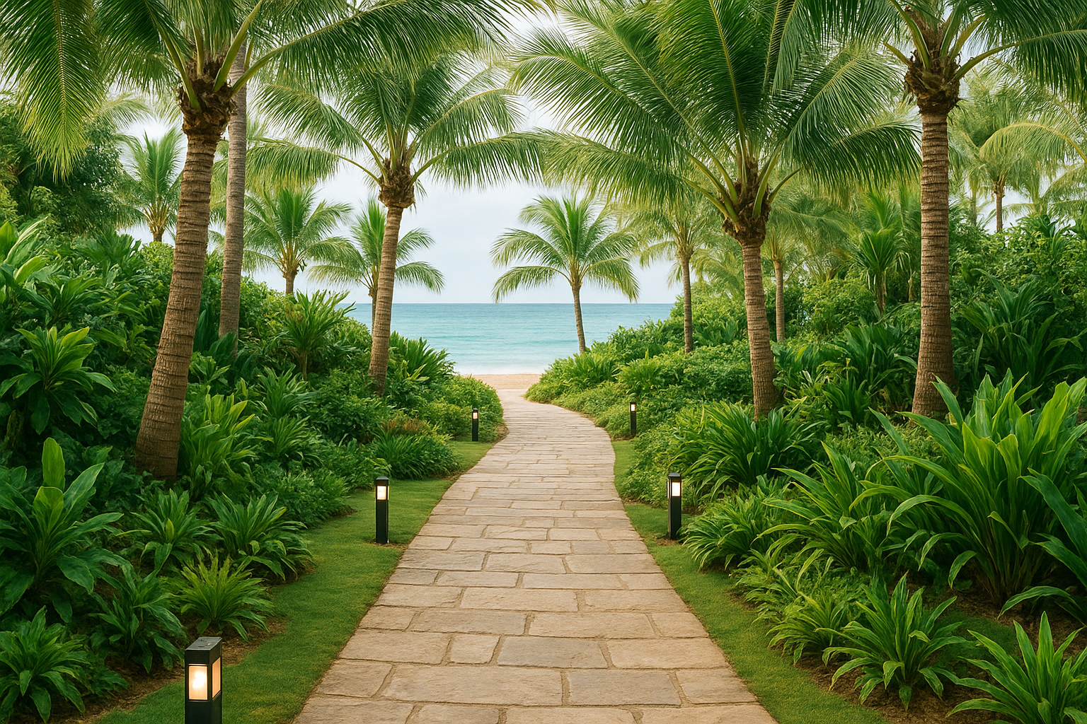 Palm-lined stone walkway leading through tropical gardens toward the beach at a premium resort.