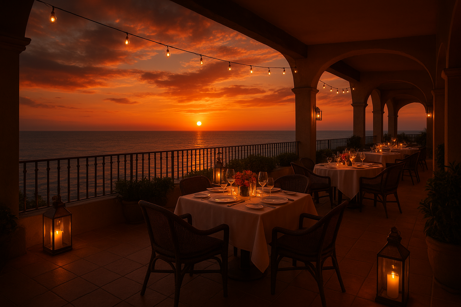 Sunset terrace with elegant dining setup, glowing lanterns, and panoramic sea horizon.