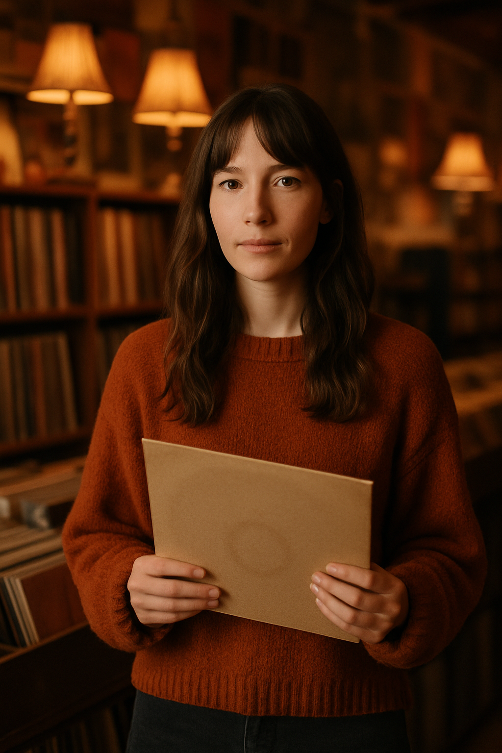 Portrait of indie folk artist Lila Rivers wearing a rust-colored sweater, holding a vinyl sleeve in a warmly lit record store