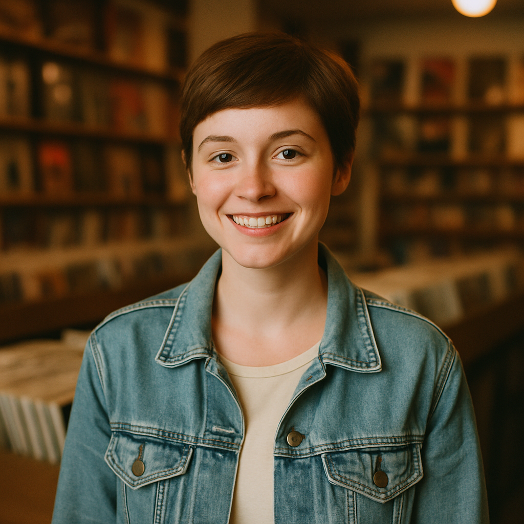 Young woman with short auburn hair wearing a denim jacket, smiling in a cozy record shop