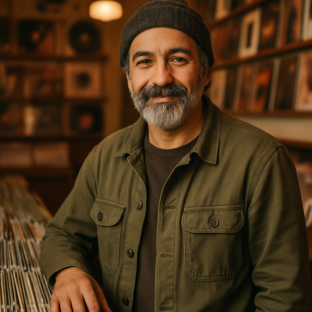 Middle-aged man with salt-and-pepper beard wearing a knit beanie, standing beside record bins