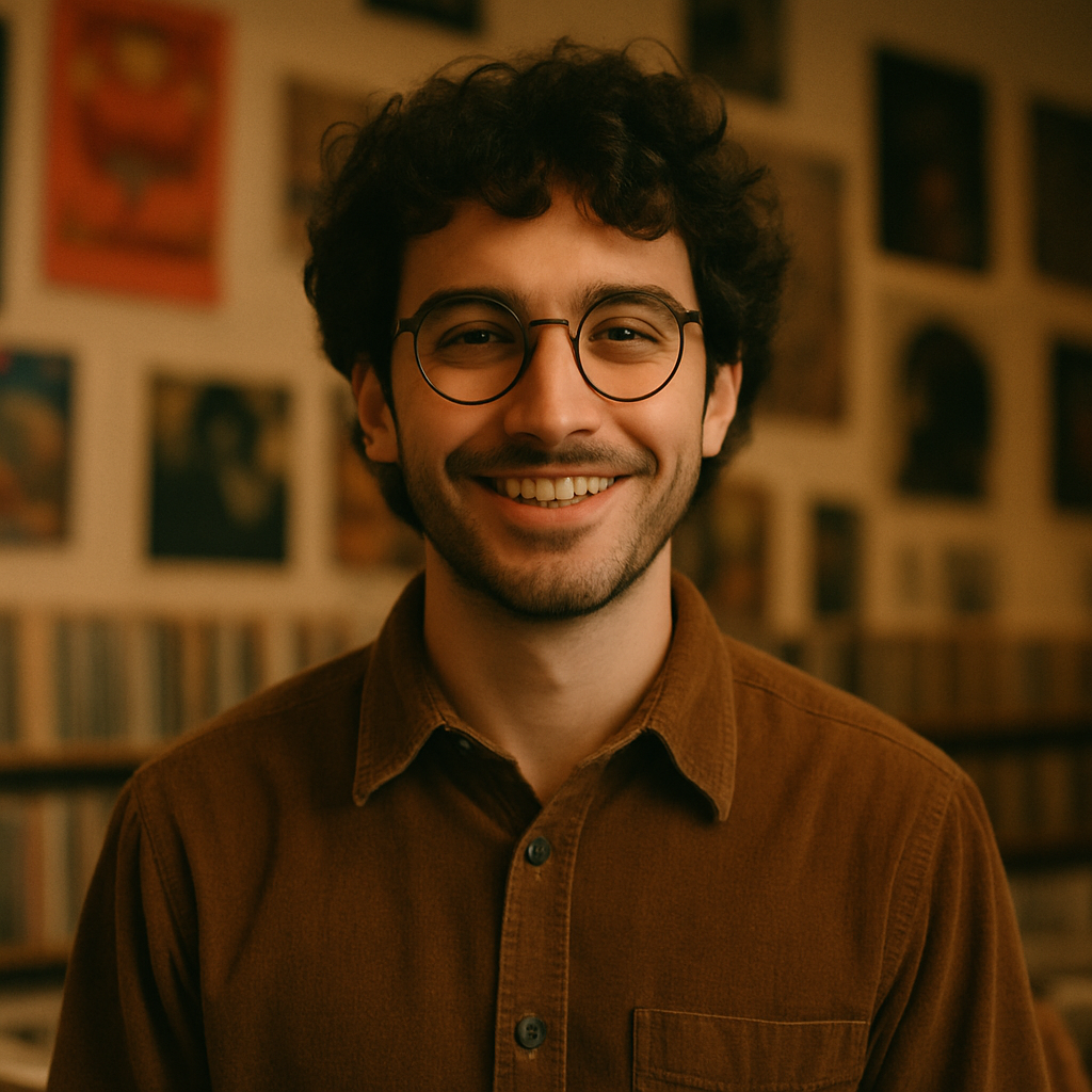 Young man with curly hair and round glasses wearing a brown corduroy shirt, smiling