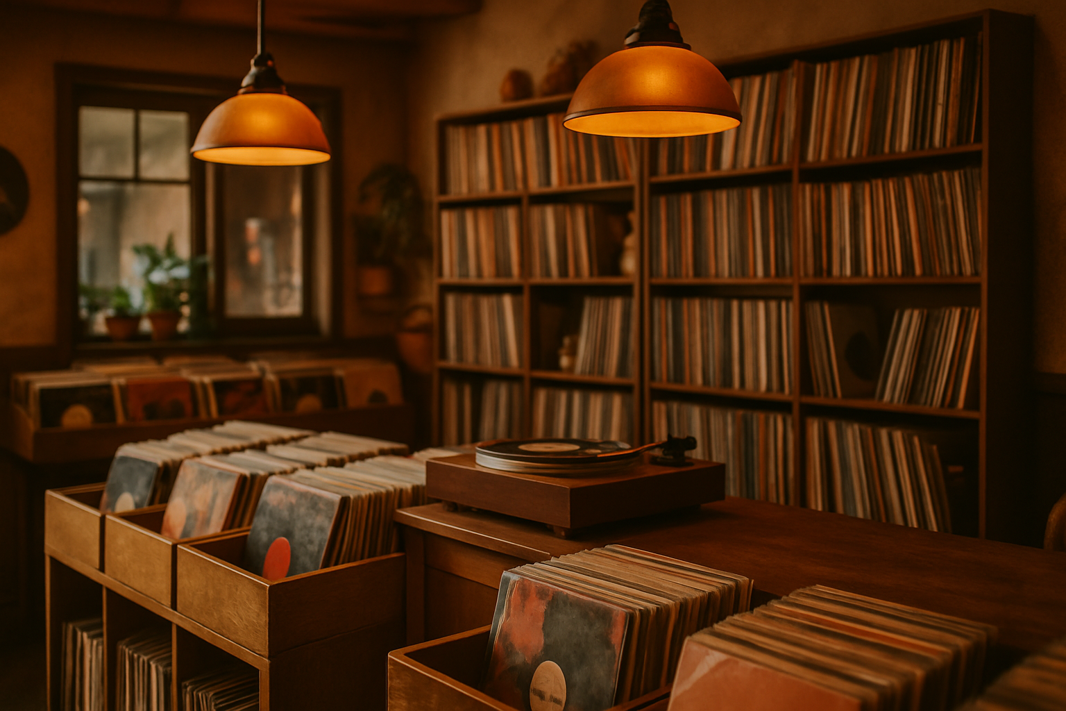 Warm, retro record shop interior with wooden crates of vinyl, a turntable on a counter, and amber lamp light