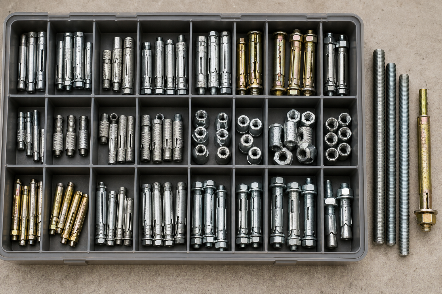 Mixed expansion anchors, sleeve anchors, and threaded rods sorted by size in industrial storage trays