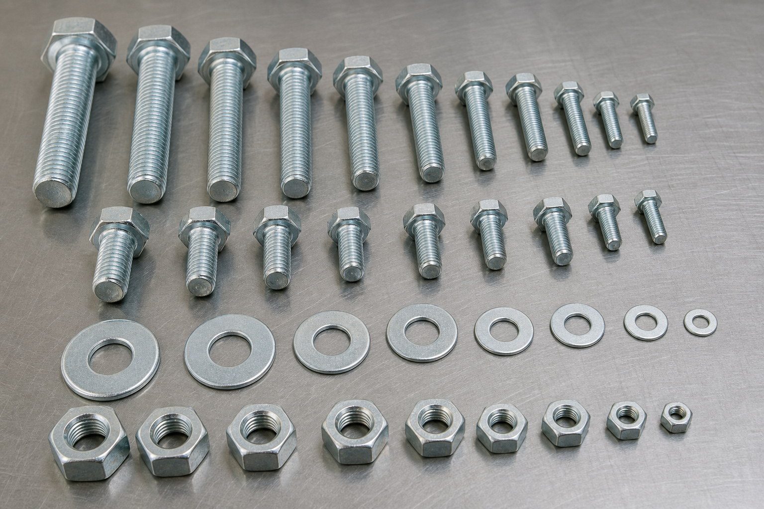 Assorted zinc-coated hex bolts, washers, and nuts arranged in organized rows on a steel workbench