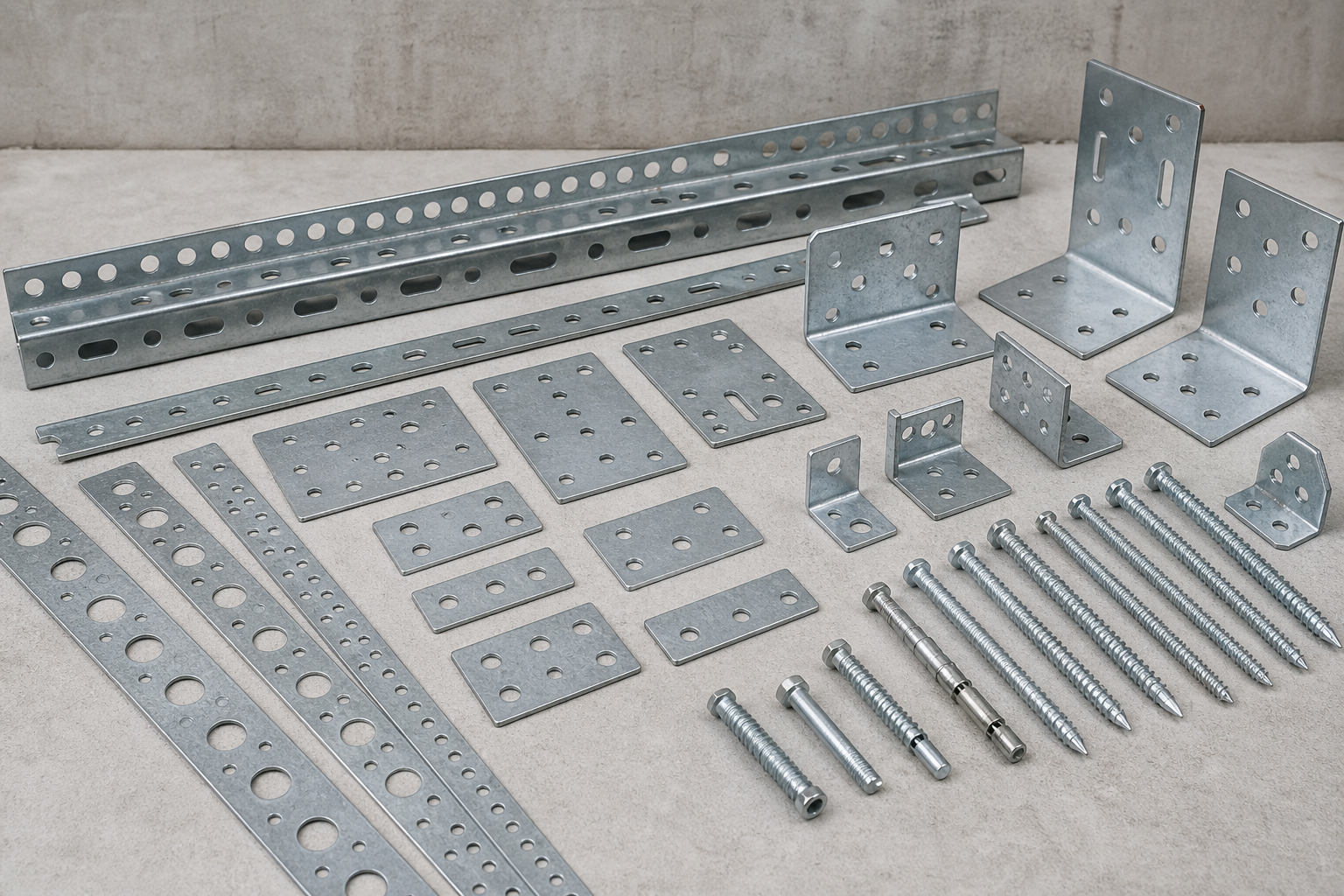 Perforated mounting strips, joining plates, and structural screws in silver galvanized steel for framing applications