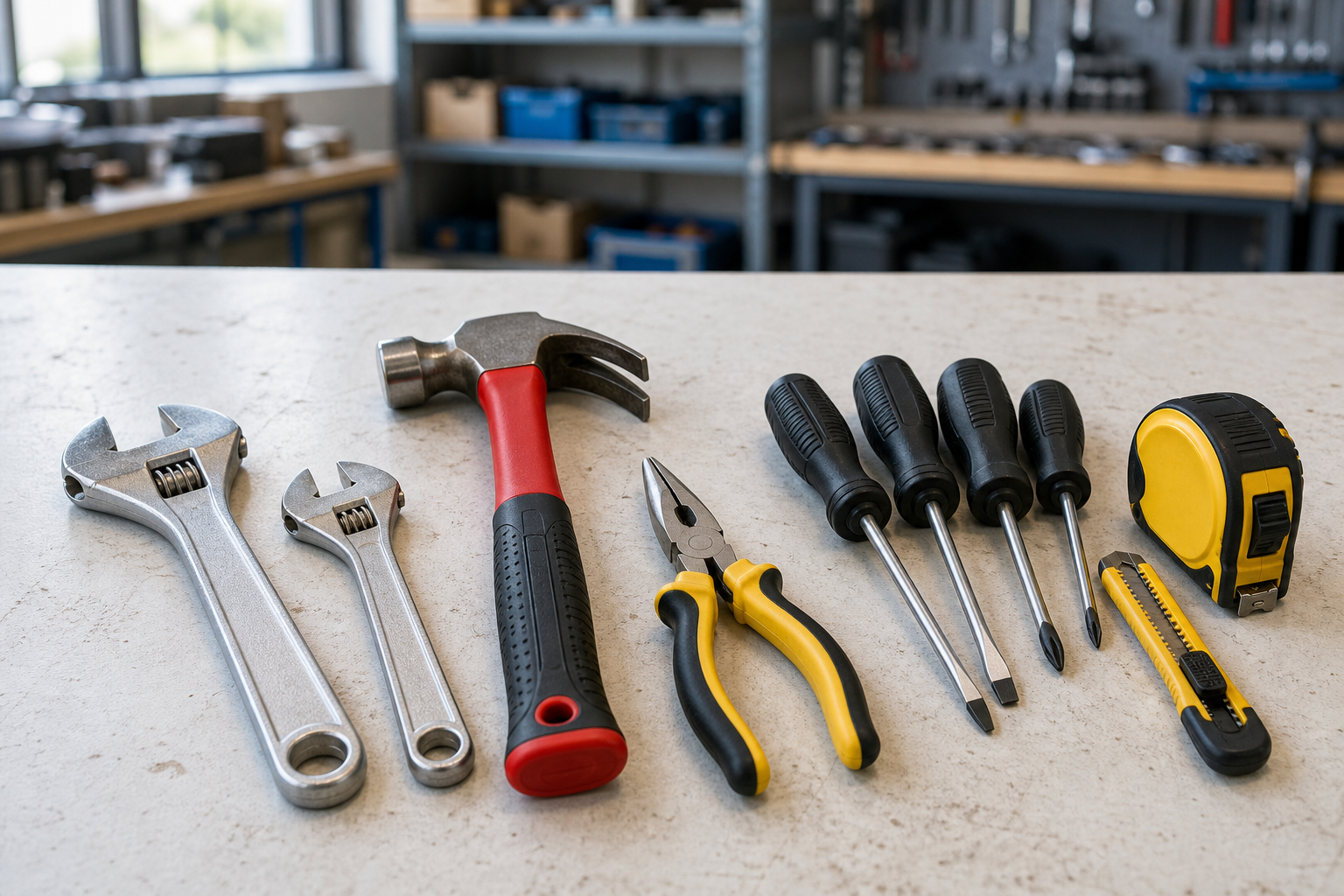 Organized set of professional hand tools including adjustable wrenches, claw hammers, pliers, screwdrivers, tape measure, and utility knife on a clean workshop bench