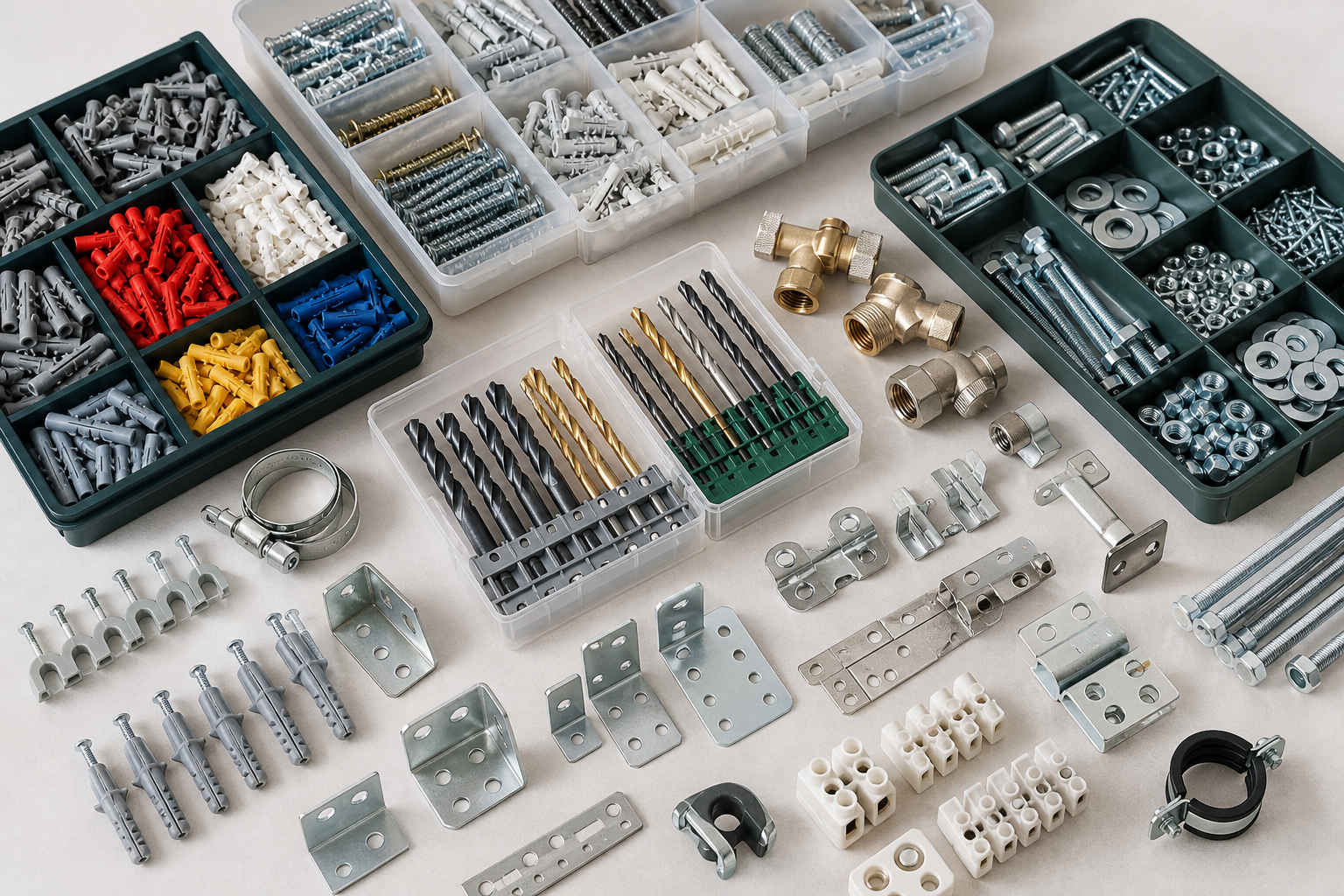 Grouped hardware accessories arranged in practical trays, including drill bits, anchors, fasteners, fittings, and connector sets for professional B2B procurement