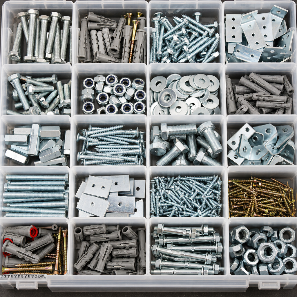 Construction hardware fittings with anchors, bolts, brackets, and fastener assortments in trade-ready trays