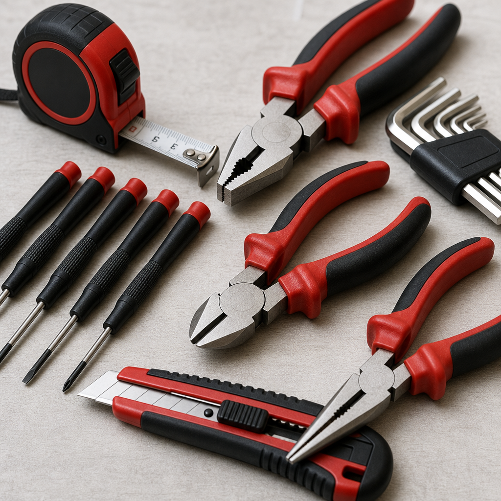 Assorted hand tools including pliers, screwdrivers, and measuring tape organized in a compact display