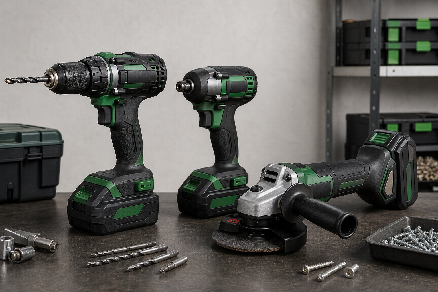 Professional cordless drills, angle grinder, and impact driver arranged on a clean industrial workbench