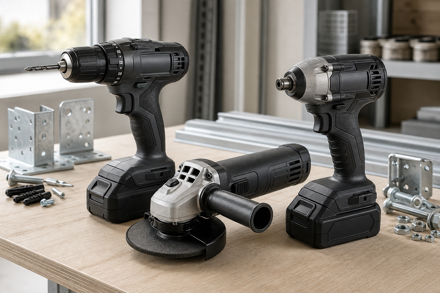 Industrial-grade cordless drill, angle grinder, and impact driver arranged on a clean workshop bench with neutral lighting