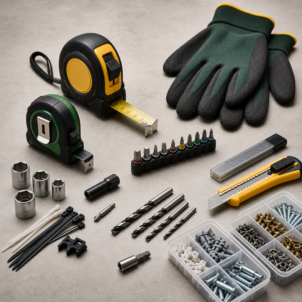 Hardware accessories selection featuring measuring tapes, utility blades, fastening bits, and protective gloves