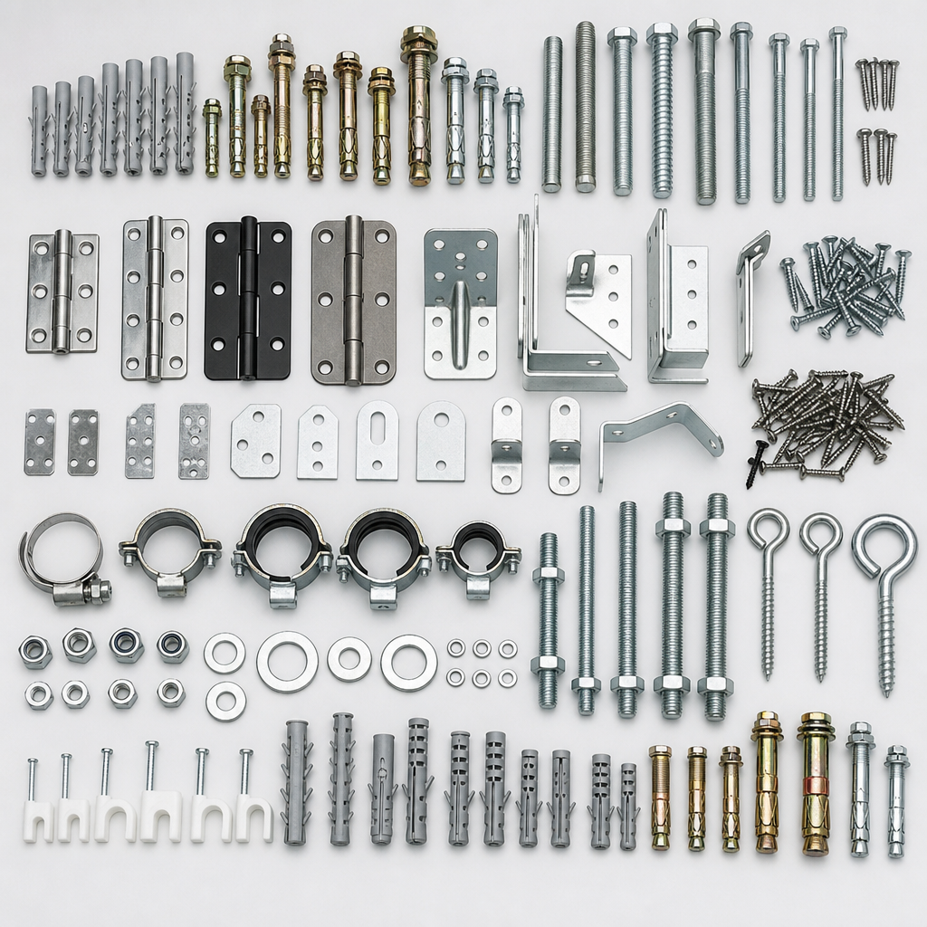 Construction hardware assortment with steel anchors, bolts, hinges, and mounting brackets grouped by size