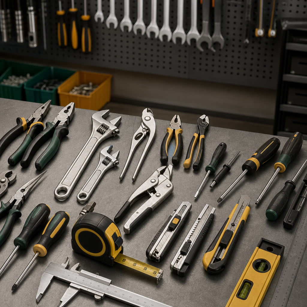 Assorted professional hand tools including pliers, adjustable wrenches, and screwdrivers arranged on a clean workshop bench