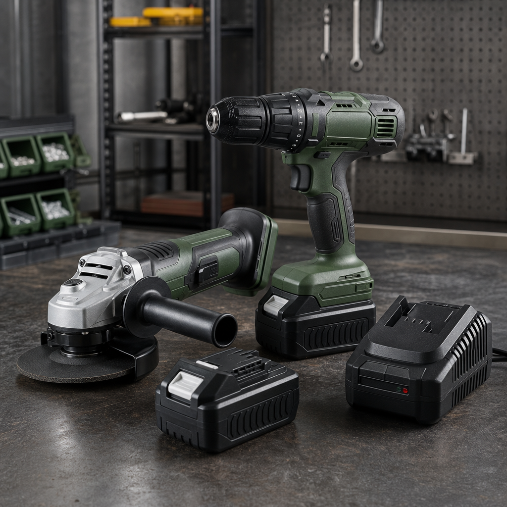 Cordless power tools set with a drill driver, angle grinder, and battery packs on an industrial tabletop