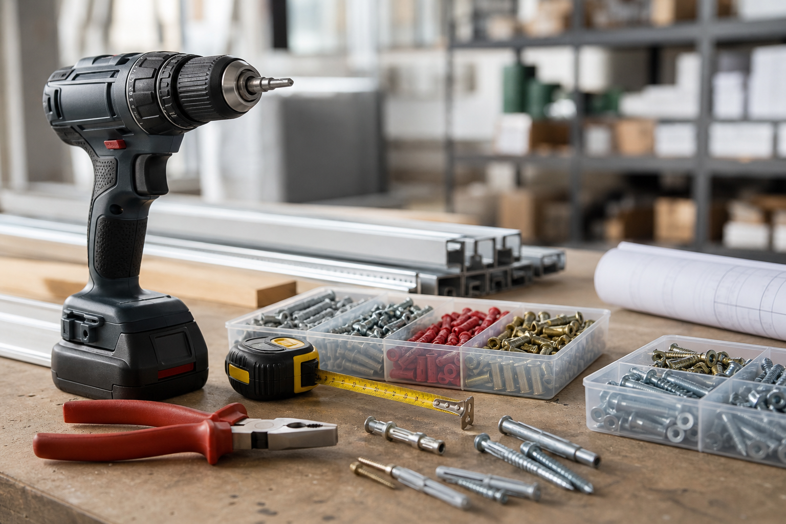 Contractor toolkit with cordless drill, hand tools, and metal anchors on a workbench