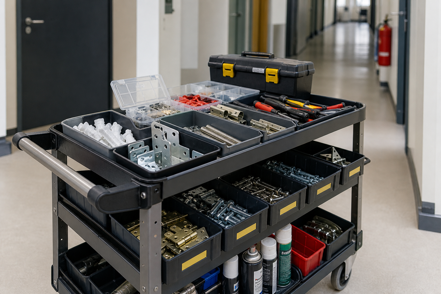 Facility maintenance cart stocked with hardware accessories, fasteners, and replacement parts