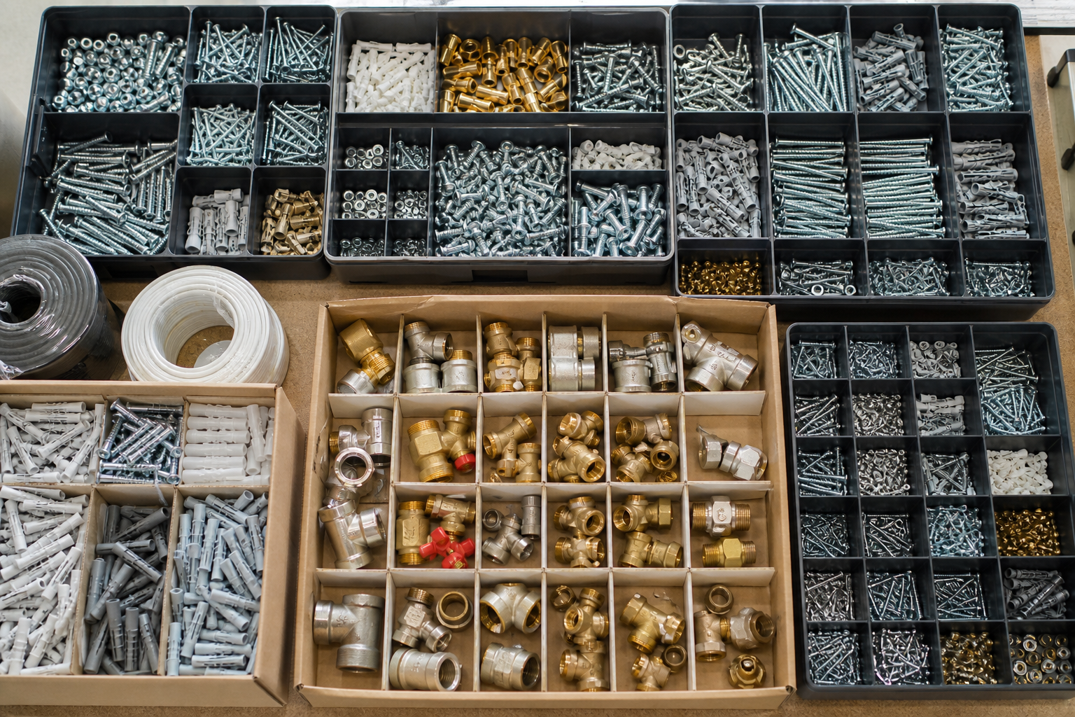 Organized assortment trays with screws, wall plugs, and fittings prepared for retail restocking