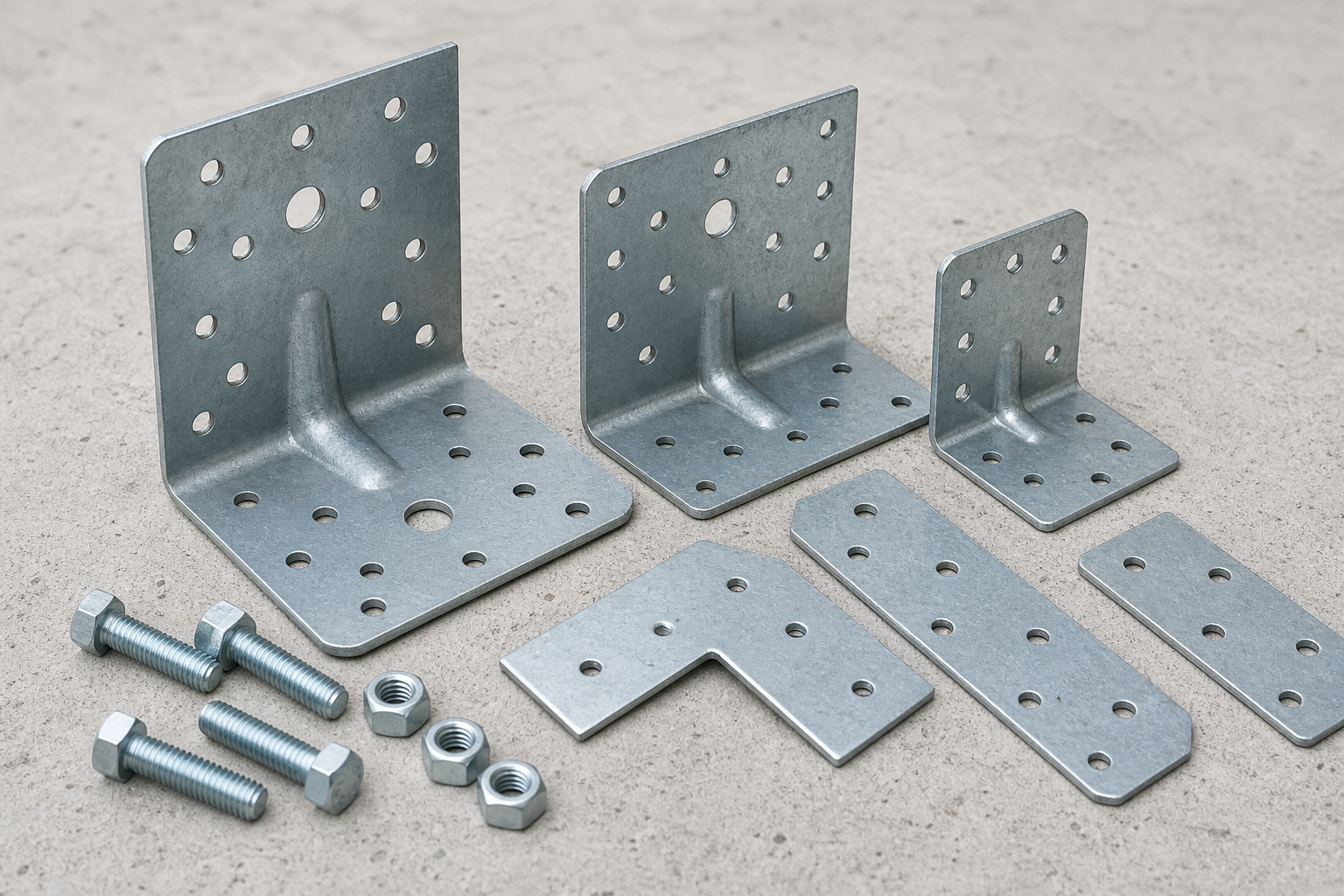 Heavy-duty L-brackets, corner plates, and carriage bolts in matte galvanized finish on a light concrete surface