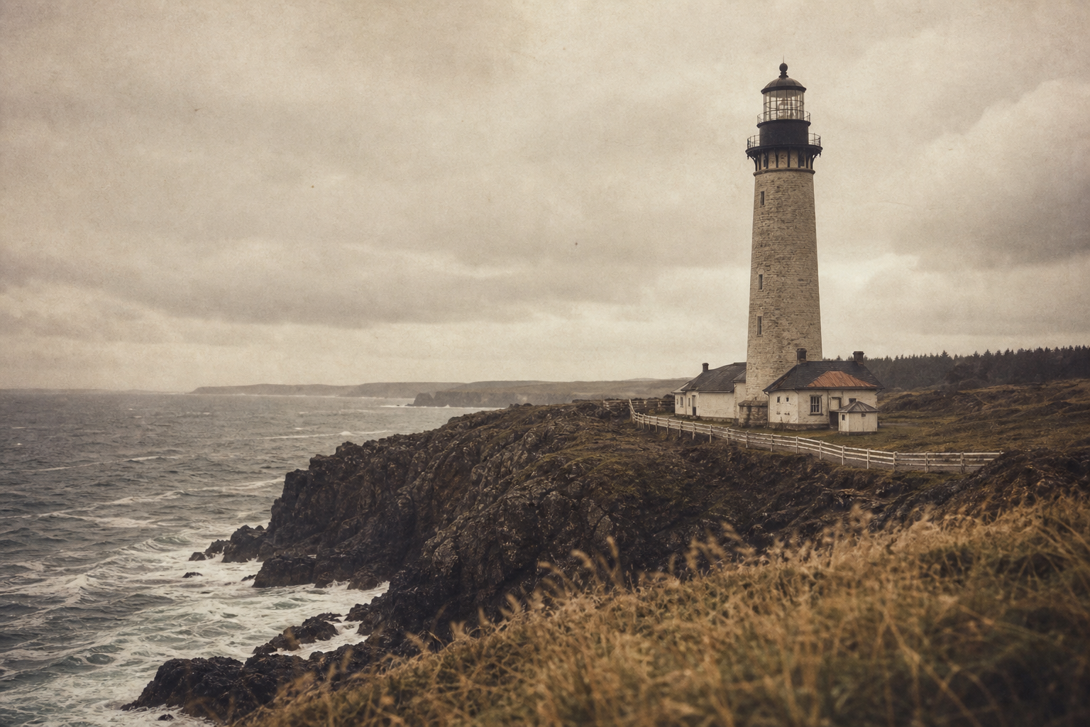 Lighthouse standing on a rugged northern headland above rough coastal waters