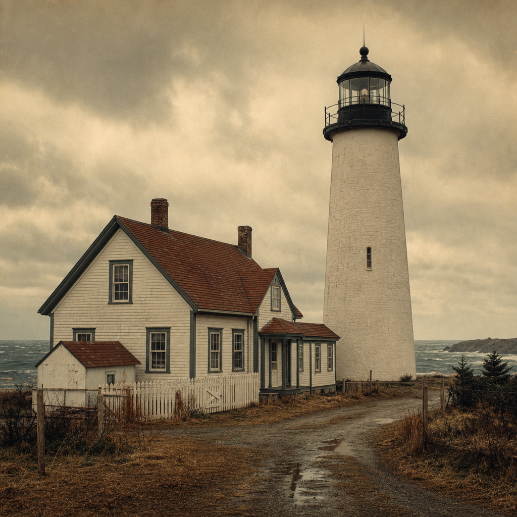 Keeper dwelling beside lighthouse tower during coastal wind and weather