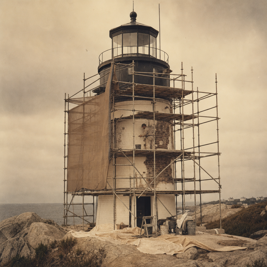 Lighthouse restoration scene with scaffold framing active preservation work