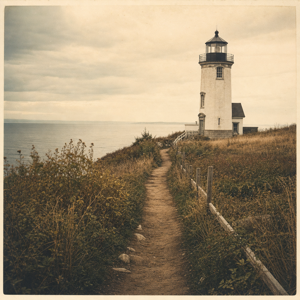Shoreline footpath leading toward a preserved lighthouse tower under overcast sky