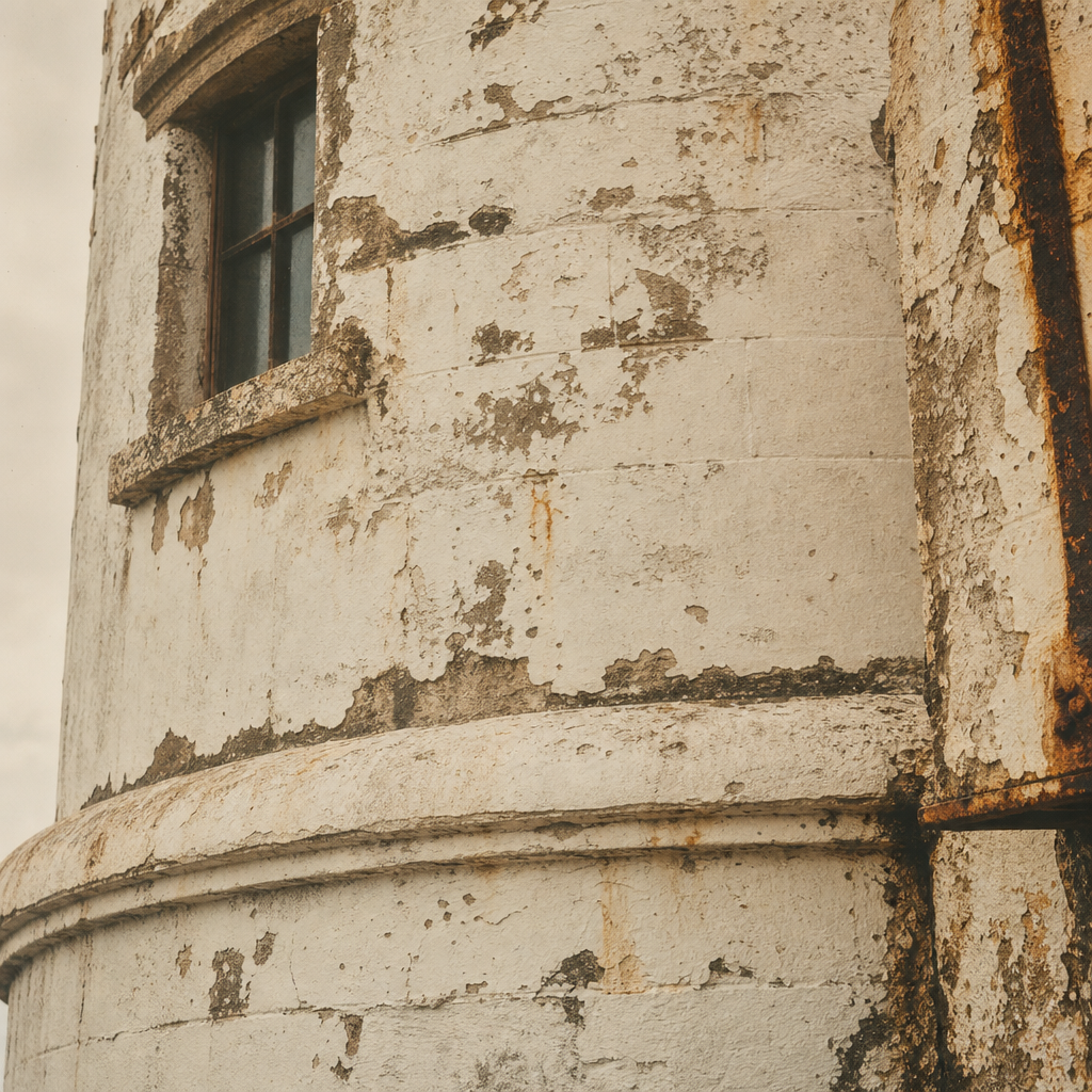 Close detail of weathered lighthouse masonry with peeling paint and salt wear